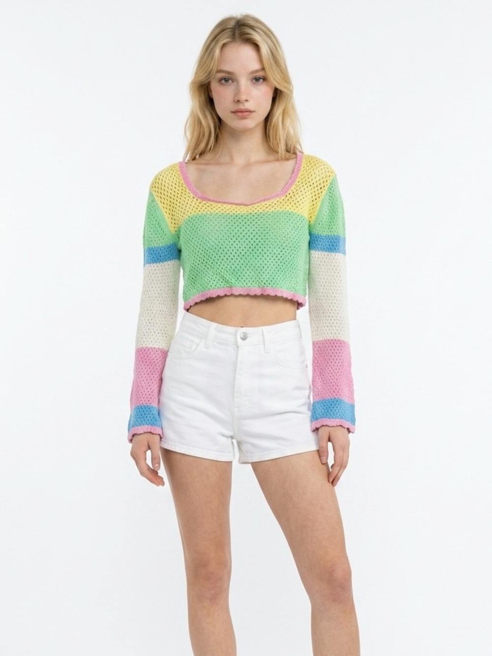 Sincerely Jules Pastel Crochet Crop Top in Yellow, Green, Pink & Blue
